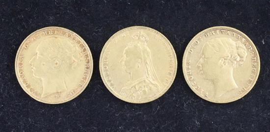 Three Victoria gold sovereigns,